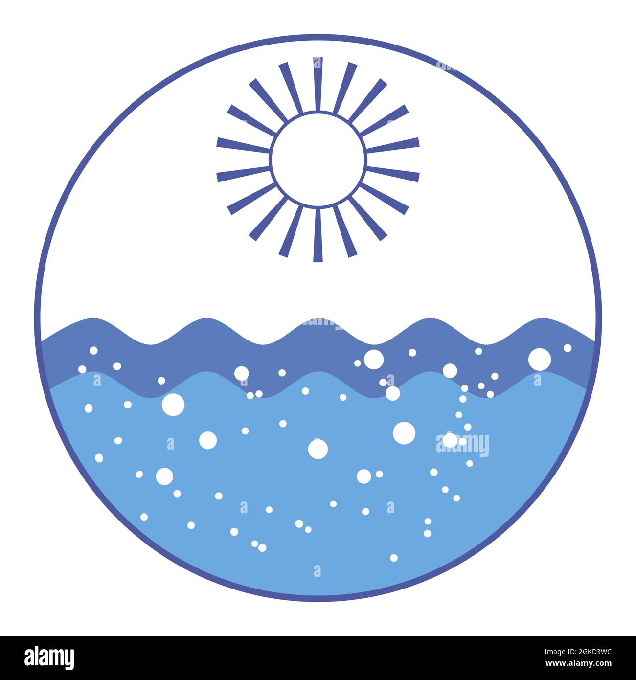 Logo marin rond. Le soleil aux rayons brille au-dessus de la mer. Les vagues bleues de l'océan s'enlisent. Les vagues transportent la tristesse. Les bulles d'air s'élèvent à travers l'eau. Mer en attente f Illustration de Vecteur