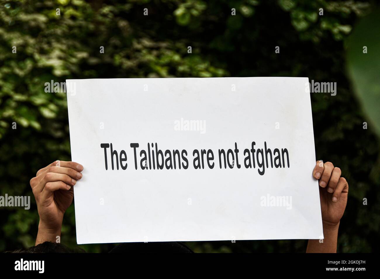 Delhi, Inde. 14 septembre 2021. Un manifestant tient un écriteau pendant la manifestation.des ressortissants afghans, en appui à la Force de résistance dirigée par Ahmad Massoud, protestant contre l'offensive du Pakistan à Panjshir, des Afghans qui vivent à New Delhi en Inde, ont manifesté contre les Talibans et le Pakistan devant le poste de police de Chanakyapuri. Crédit : SOPA Images Limited/Alamy Live News Banque D'Images