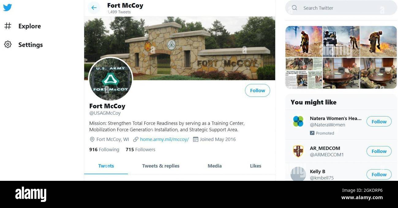 Cette capture d'écran de la page officielle de fort McCoy, Wisconsin, Twitter est présentée le 24 mars 2021. Cette page, ainsi que plusieurs autres pages et sites Web de présence en ligne, ont été la raison pour laquelle le Bureau des affaires publiques de fort McCoy a remporté un premier prix pour le Prix exceptionnel de gestion des médias numériques du Commandement matériel de l'Armée de terre 2020. Banque D'Images