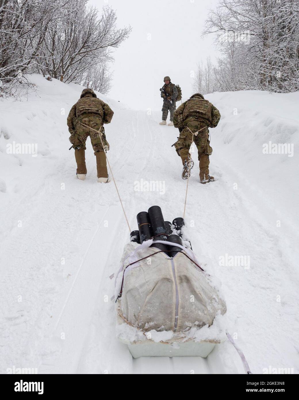 Armée mortarde affecté à la Compagnie de quartier général et de quartier général, 3e Bataillon, 509e Régiment d'infanterie de parachutisme, 4e équipe de combat de brigade d'infanterie (aéroporté), 25e division d'infanterie, armée américaine Alaska, Tirer un traîneau Ahkio chargé de munitions d'entraînement de 81 mm en haut d'une colline tout en se déplaçant à leur point de tir pendant l'entraînement de feu réel à la base commune Elmendorf-Richardson, Alaska, le 25 mars 2021. Les soldats ont perfectionné leur équipage a servi des techniques d'armes en effectuant des missions de feu, en hiver, en utilisant le système de mortier M252 de 81 mm. Banque D'Images