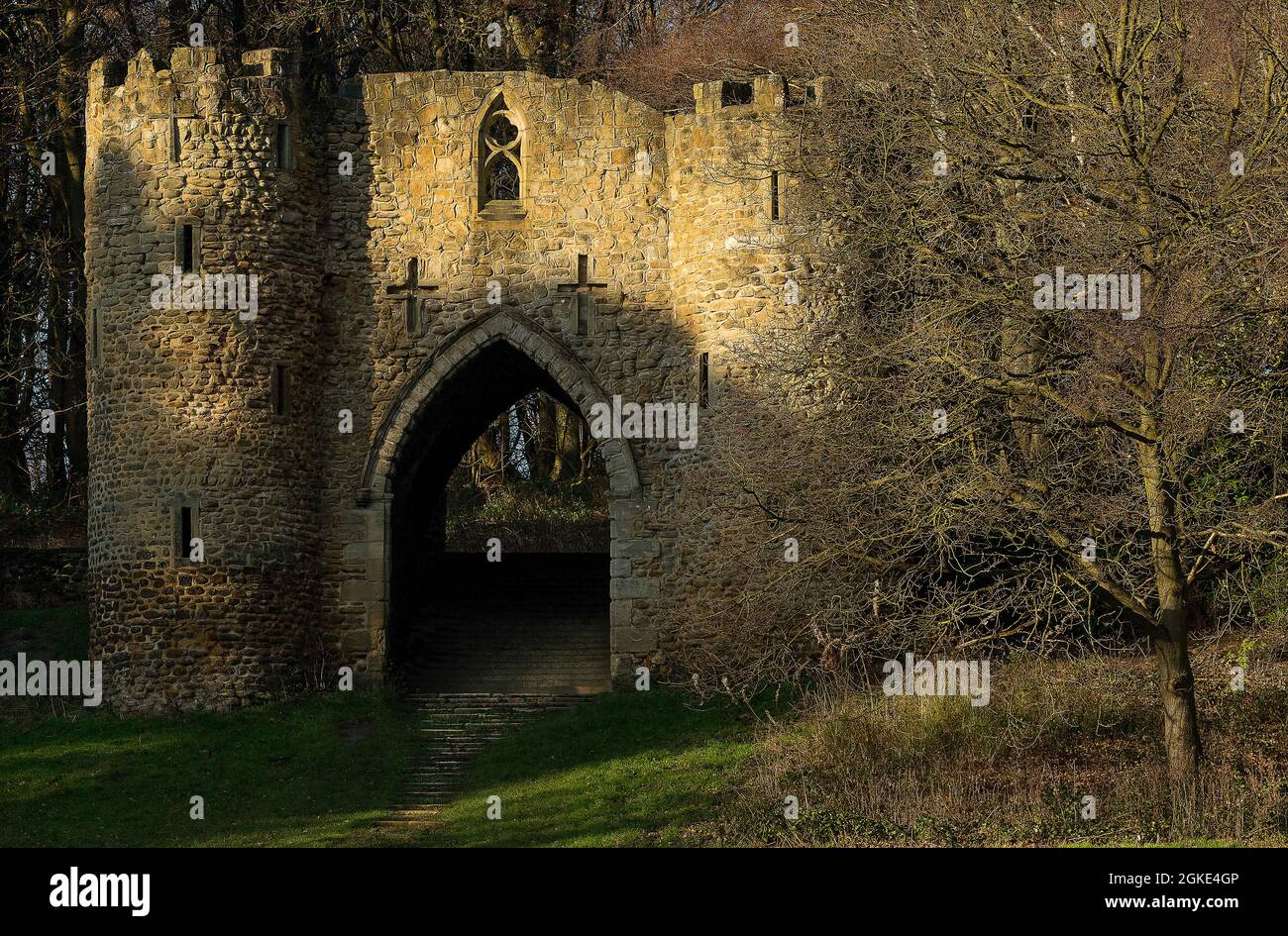 La lumière du soleil d'hiver brille sur un château en ruines de Folly à côté d'un arbre sans feuilles, Roundhay Park, Leeds, West Yorkshire, Angleterre,ROYAUME-UNI. Banque D'Images