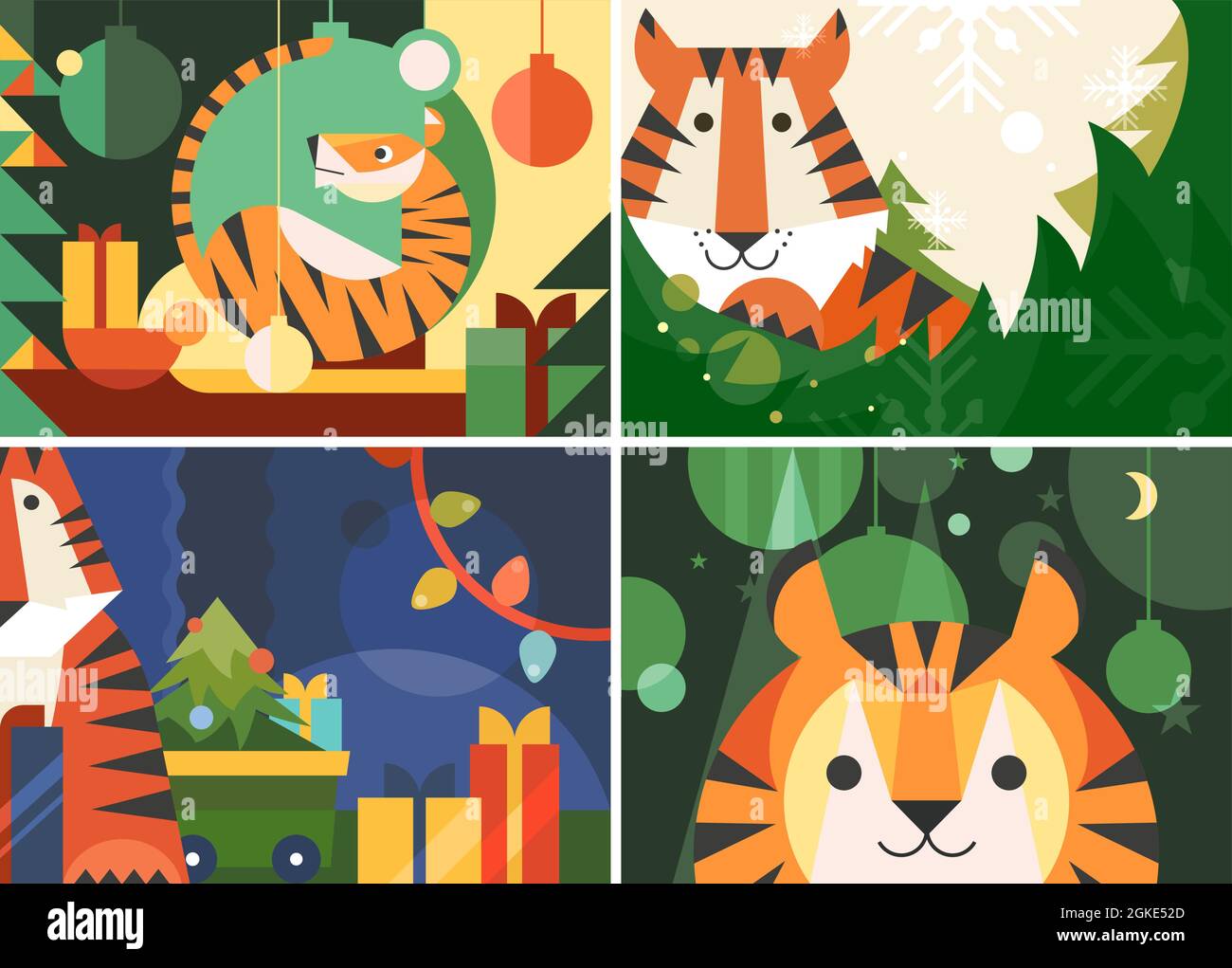 Différentes années des bannières Tiger. Affiches des fêtes de fin d'année plates. Illustration de Vecteur