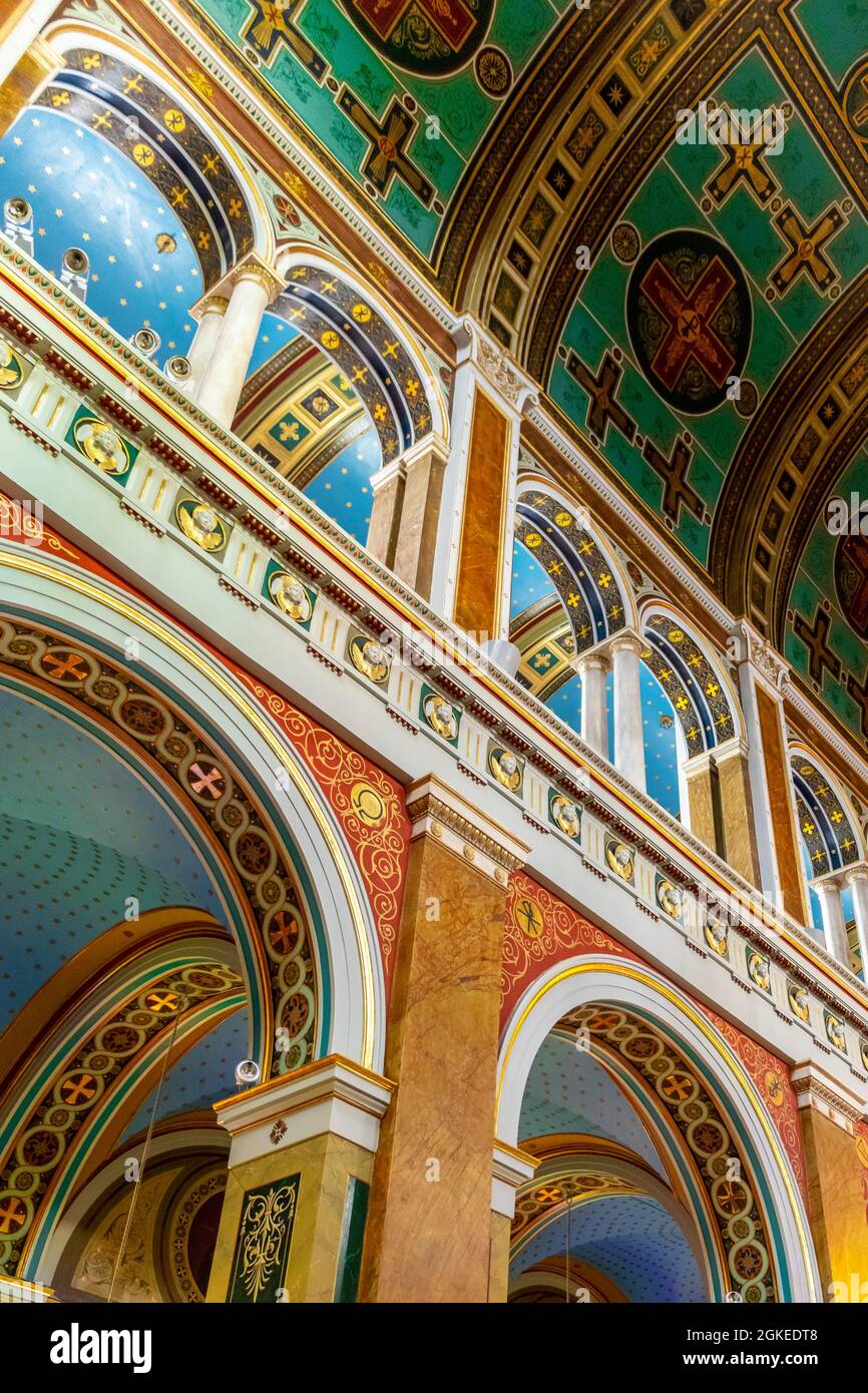 Photographie intérieure, peinture au plafond, décoration artistique intérieur de l'église orthodoxe grecque néoclassique de Saint Nicolas, Agios Nikolaos Banque D'Images