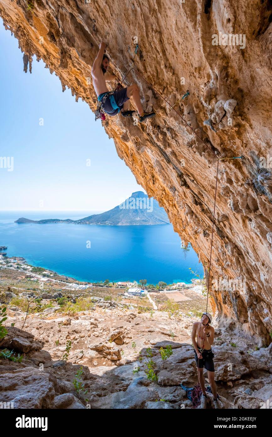 Grande Grotta, secteur Armeos, escalade, escalade sportive, Kalymnos, Dodécanèse, Grèce Banque D'Images