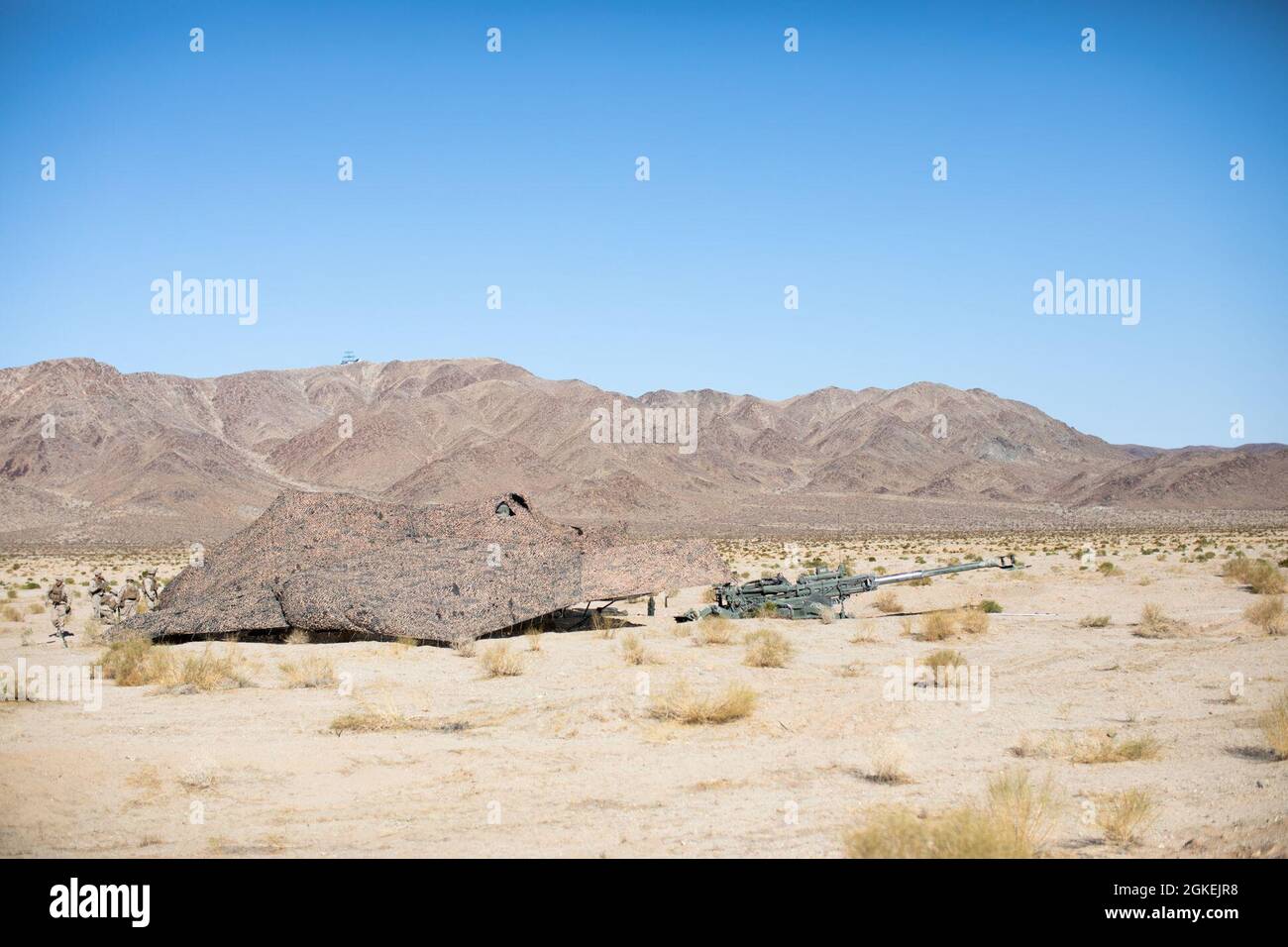 Les Marines des États-Unis avec Battery C, 1er Bataillon, 11e Régiment des Marines, 1re Division des Marines, dissimulent leurs positions de combat avant de commencer une simulation de défense en direct au Marine corps Air Ground combat Centre de Twentynine Palms, Californie, le 31 mars 2021. Les Marines utilisent la dissimulation pour rendre plus difficile la vue de leurs positions par le soutien aérien ou les efforts de reconnaissance. Au cours de cette formation au feu, la batterie a utilisé des obusiers de 155 mm remorqués M777, des mitrailleuses de calibre 50, des mitrailleuses M240B ainsi que des carabines M4 et des fusils M16A1 pour repousser les attaques ennemies notionnelles de l'artillerie P. Banque D'Images