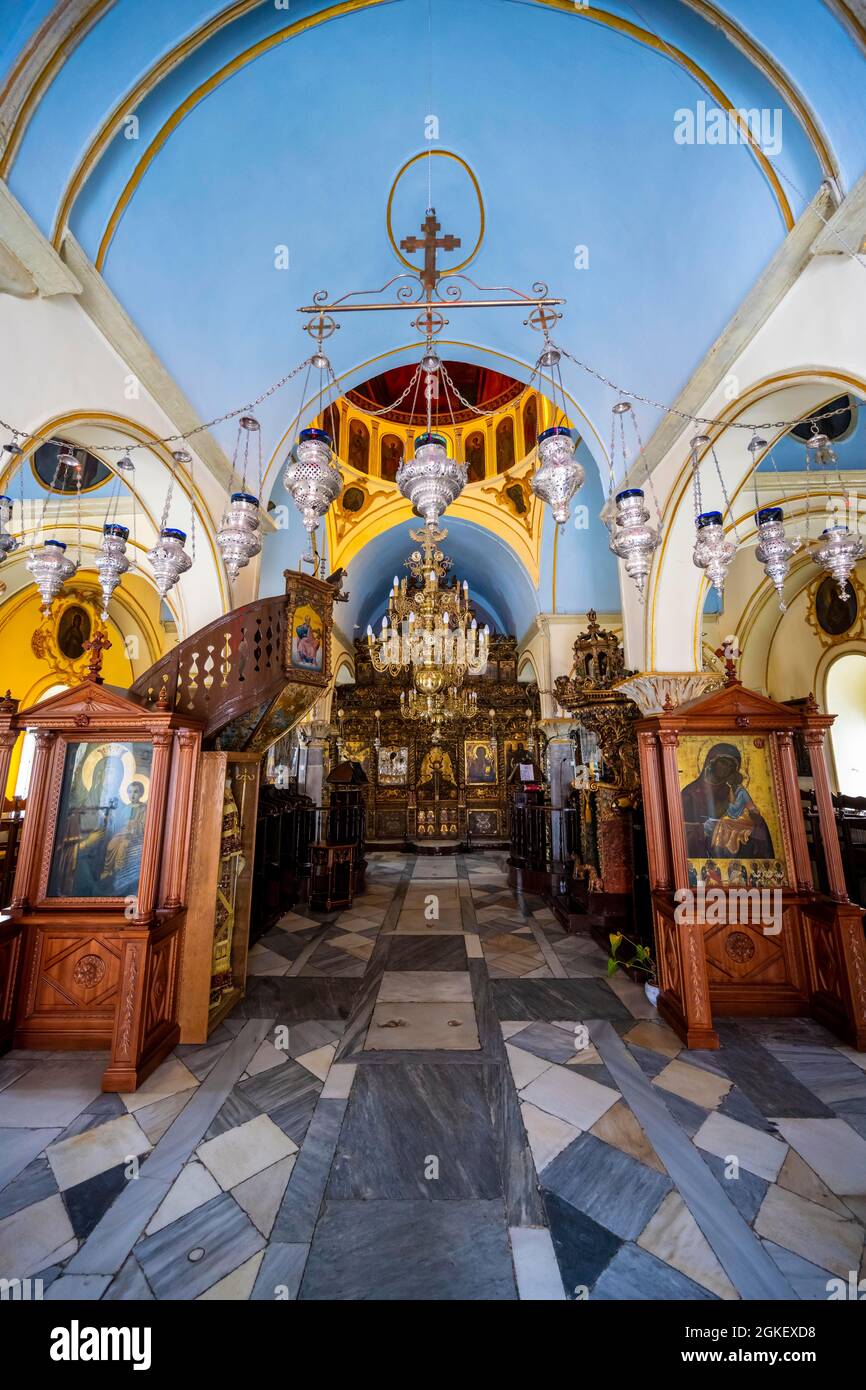 Intérieur, peinture sur autel et plafond, Église orthodoxe grecque cycladique, Monastère Panagia Tourliani, Ano Mera, Mykonos, Cyclades, Grèce Banque D'Images