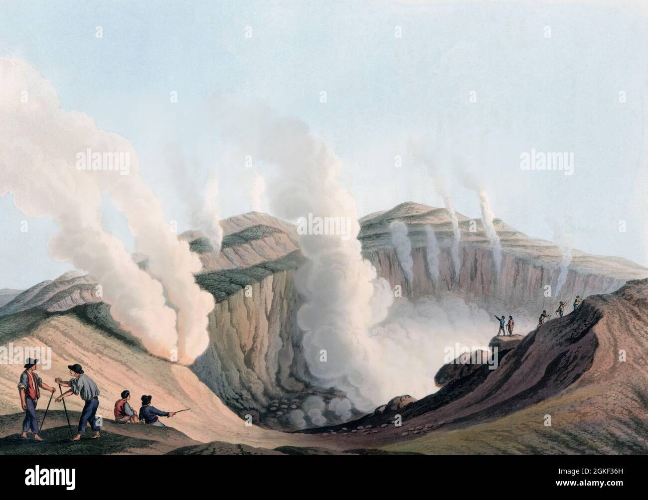 Cratère sur Vulcano, une île volcanique italienne dans la mer Tyrrhénienne. La photo montre probablement le Gran Cratere. Vulcano est l'hôte de l'un des quatre volcans actifs en Italie. La dernière éruption sur Vulcano a eu lieu de 1888 à 1890. Après une gravure du début du XIXe siècle par William Watts d'une oeuvre de Luigi Mayer. Banque D'Images