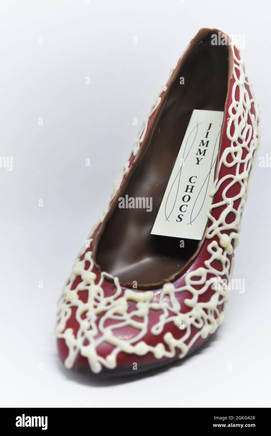 Une chaussure créée et décorée en chocolat du chocolatier James Chocolate, île d'Arran, Écosse Banque D'Images