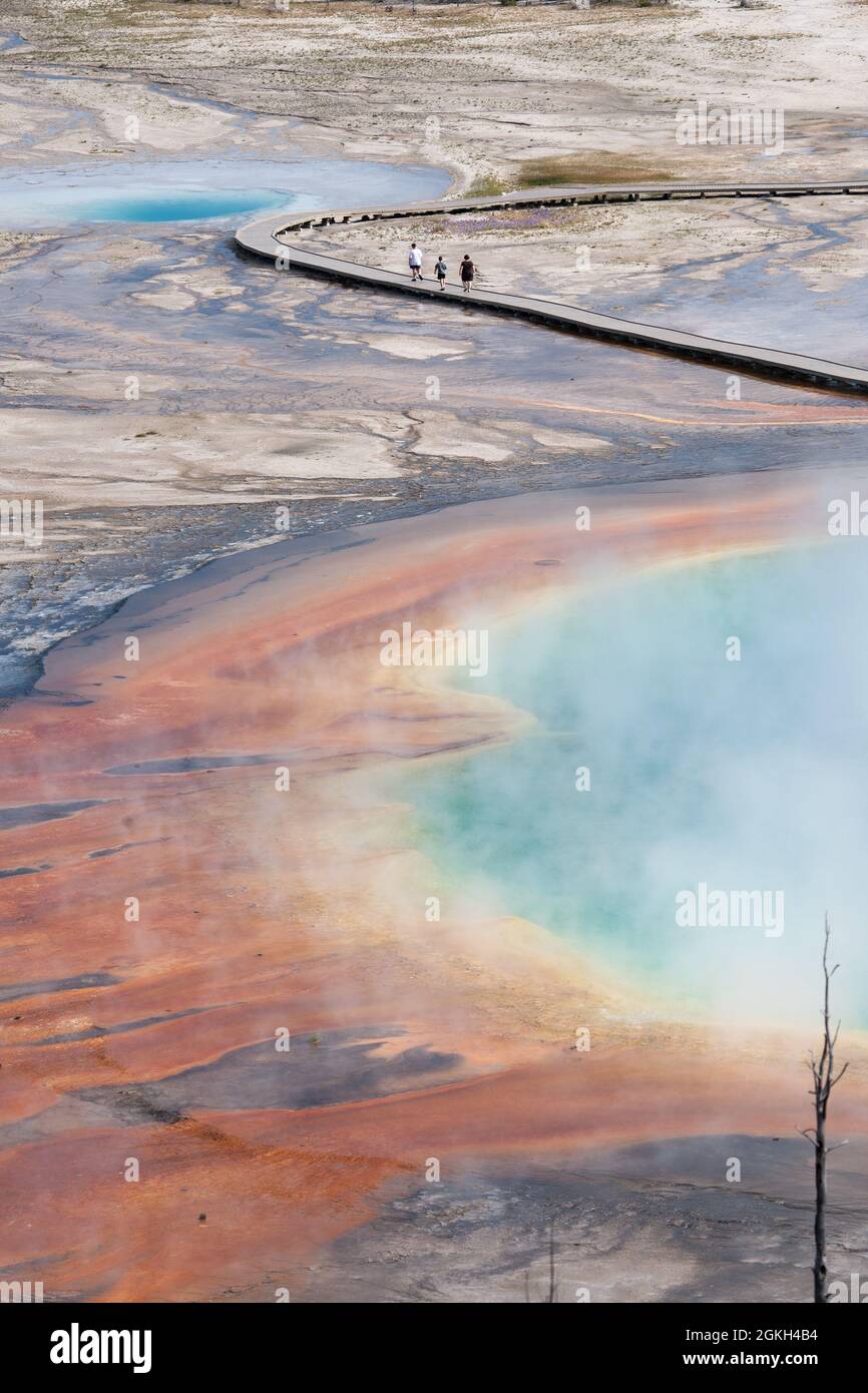 Personnes sur la promenade de Grand Prismatic Spring, parc national de Yellowstone, Wyoming. Les couleurs intenses proviennent des bactéries thermophiles Banque D'Images