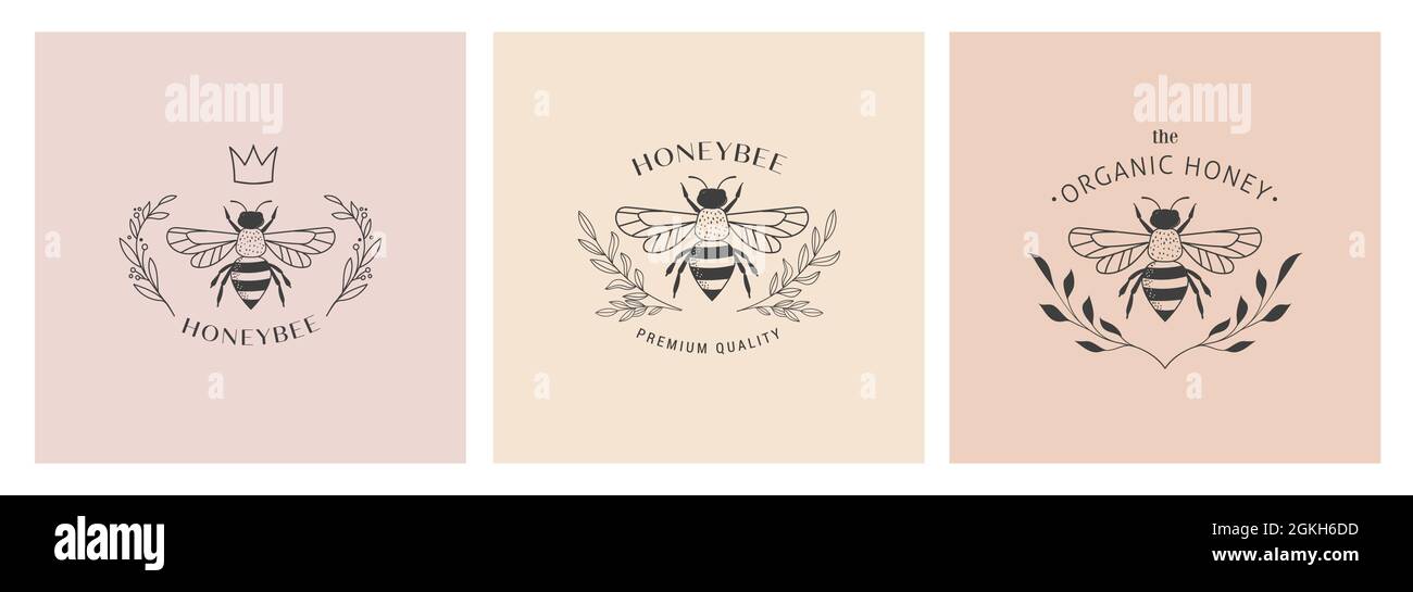 Collection d'abeilles dessinées à la main, miel biologique, logo, emblème, étiquette et design d'emballage Illustration de Vecteur