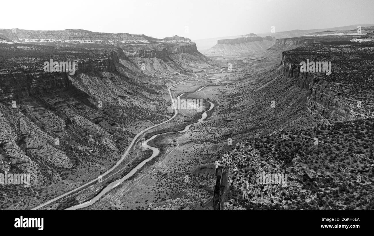 Photo aérienne B&W d'un canyon à Gateway, Colorado Banque D'Images