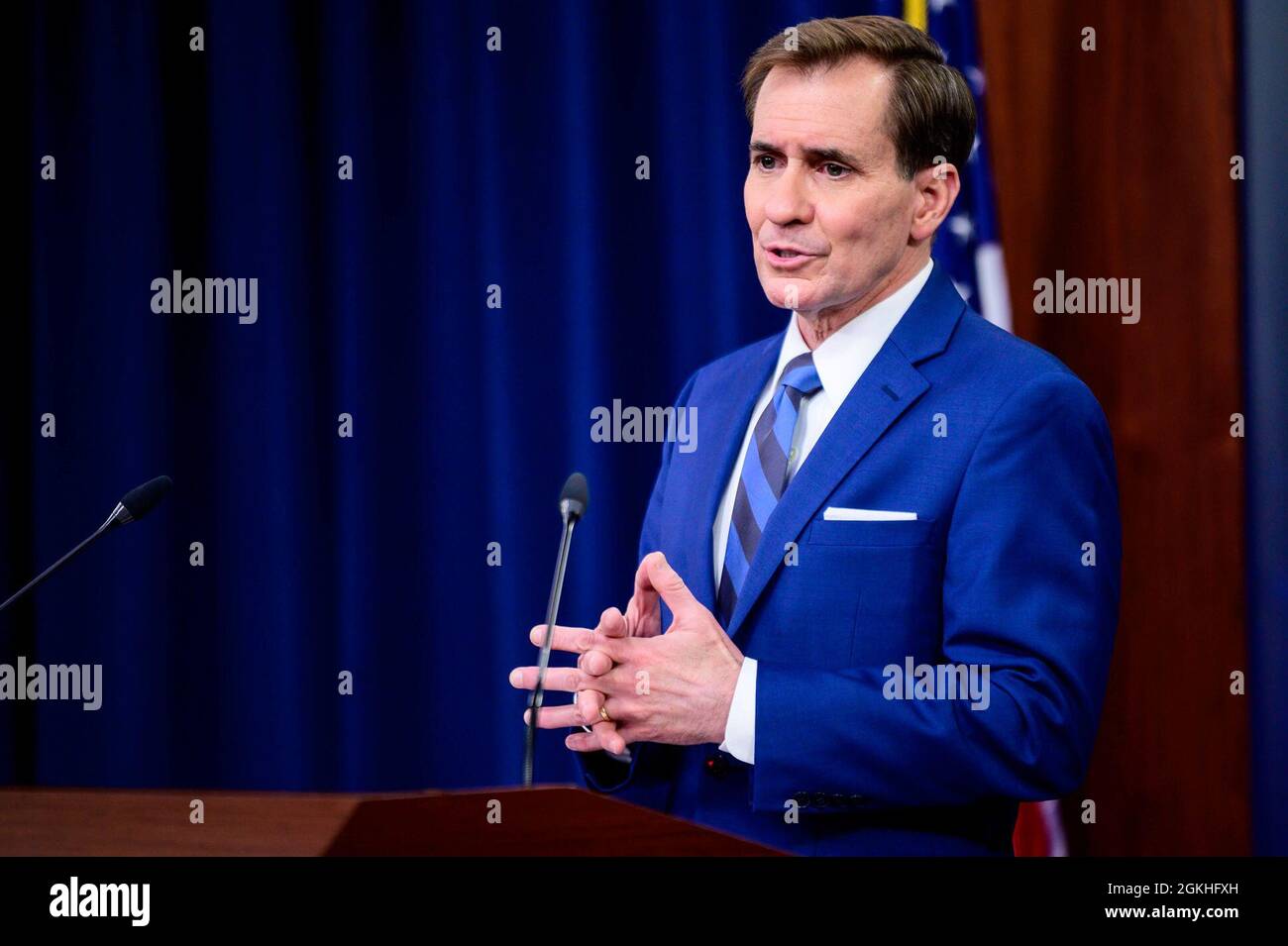 Le secrétaire de presse du Pentagone, John F. Kirby, tient un point de presse, le Pentagone, Washington, D.C., le 23 avril, 2021. Banque D'Images