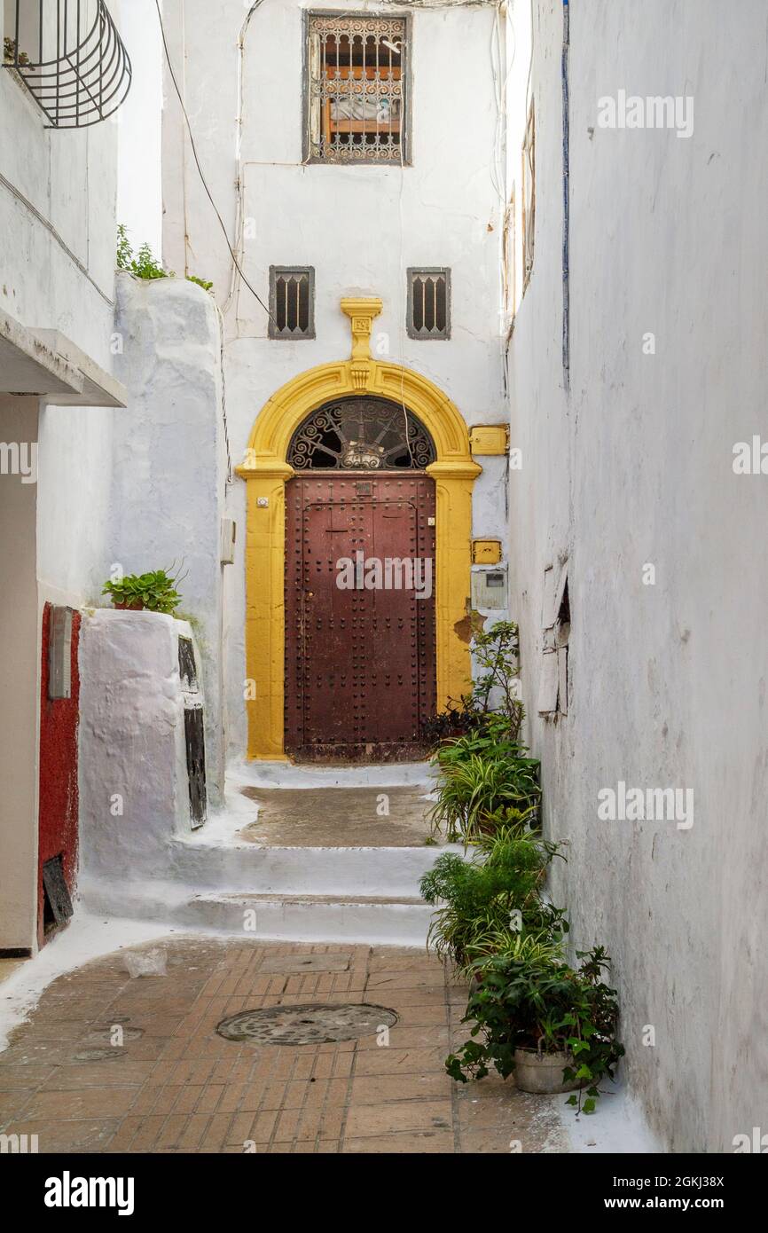 Porte de la maison aux façades blanchies à la chaux et aux plantes à l'extérieur de la ville de Rabat Banque D'Images