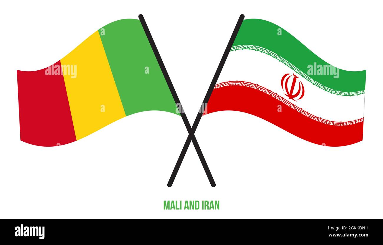Mali et Iran drapeaux croisés et ondulant le style plat. Proportion officielle. Corriger les couleurs Illustration de Vecteur