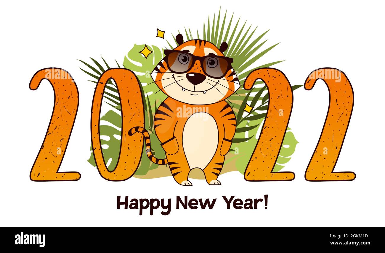Bonne Annee 22 Nouvel An Chinois Carte De Vœux Avec Joli Tigre De Bande Dessinee Dans Des Lunettes De Soleil Illustration Vectorielle Image Vectorielle Stock Alamy
