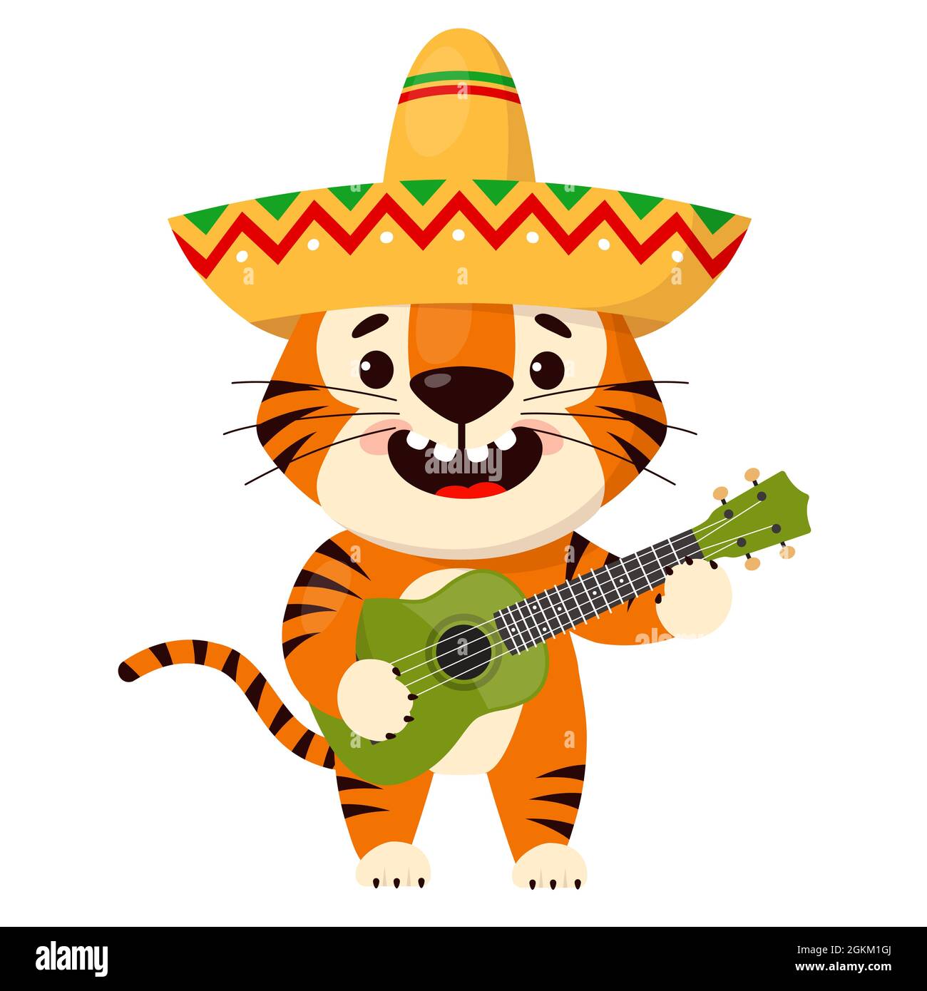 Mignon dessin animé sourire tigre dans un sombrero joue la guitare. Symbole de 2022, année du tigre. Illustration vectorielle isolée sur fond blanc. Illustration de Vecteur