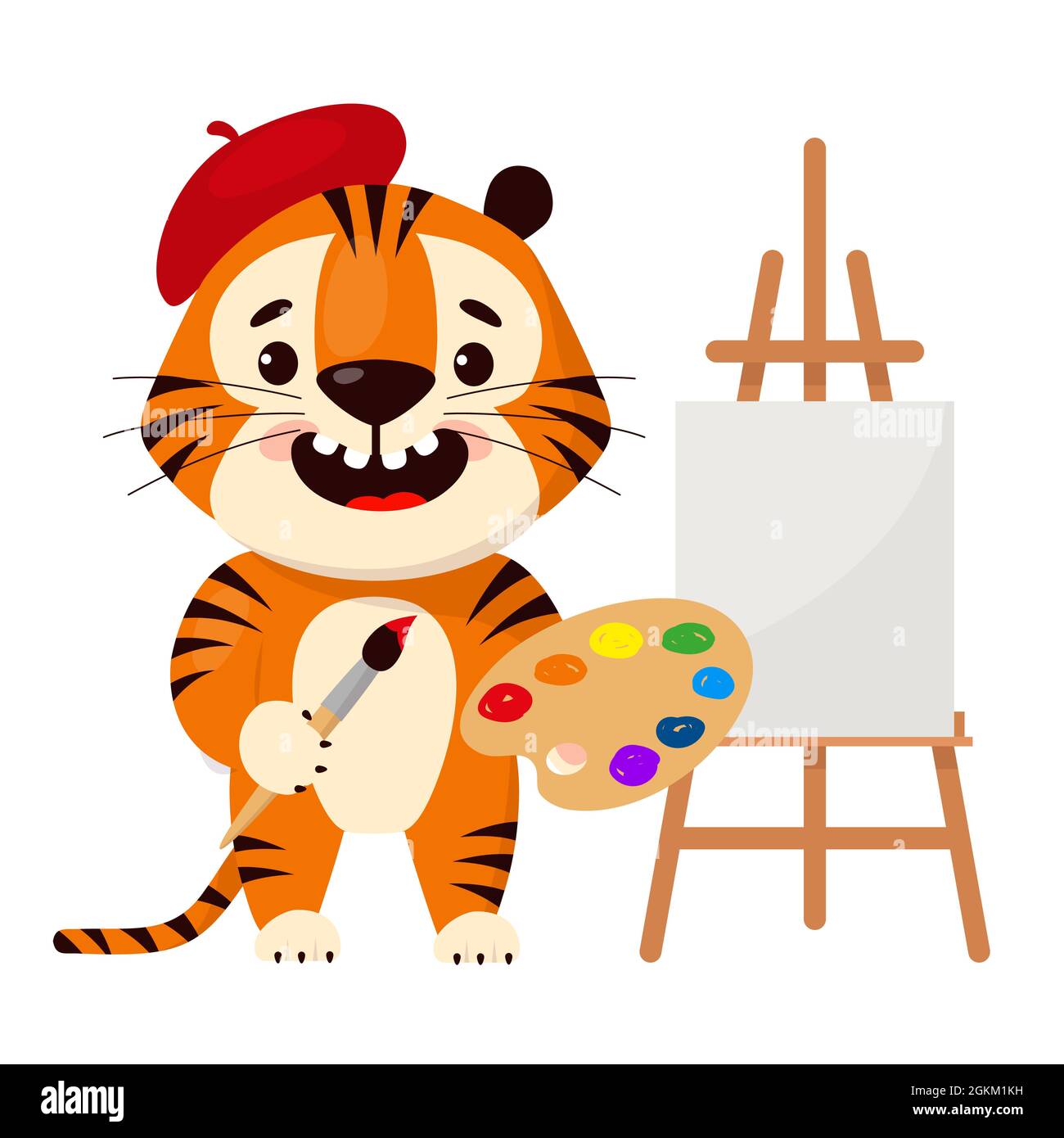 Mignon dessin animé tigre dans un béret rouge avec une palette d'artiste dans les mains dessine une image sur un chevalet. Illustration vectorielle. Illustration de Vecteur