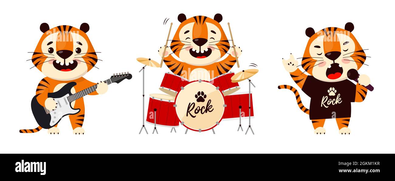 Mignon dessin animé tigre jouant de la guitare électrique, batterie et chant, groupe de rock. Symbole de 2022, année du tigre. Illustration vectorielle isolée sur bac blanc Illustration de Vecteur