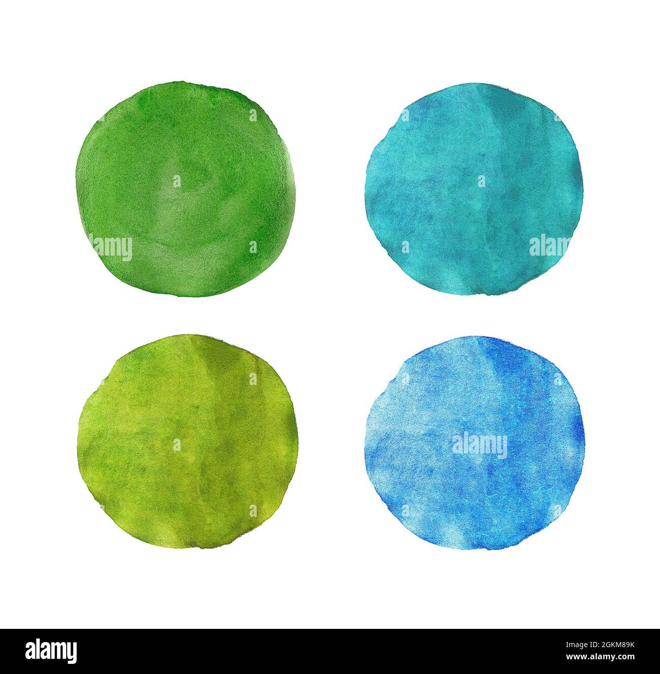 Cercles peints en aquarelle bleu et vert abstraits isolés sur fond blanc Banque D'Images
