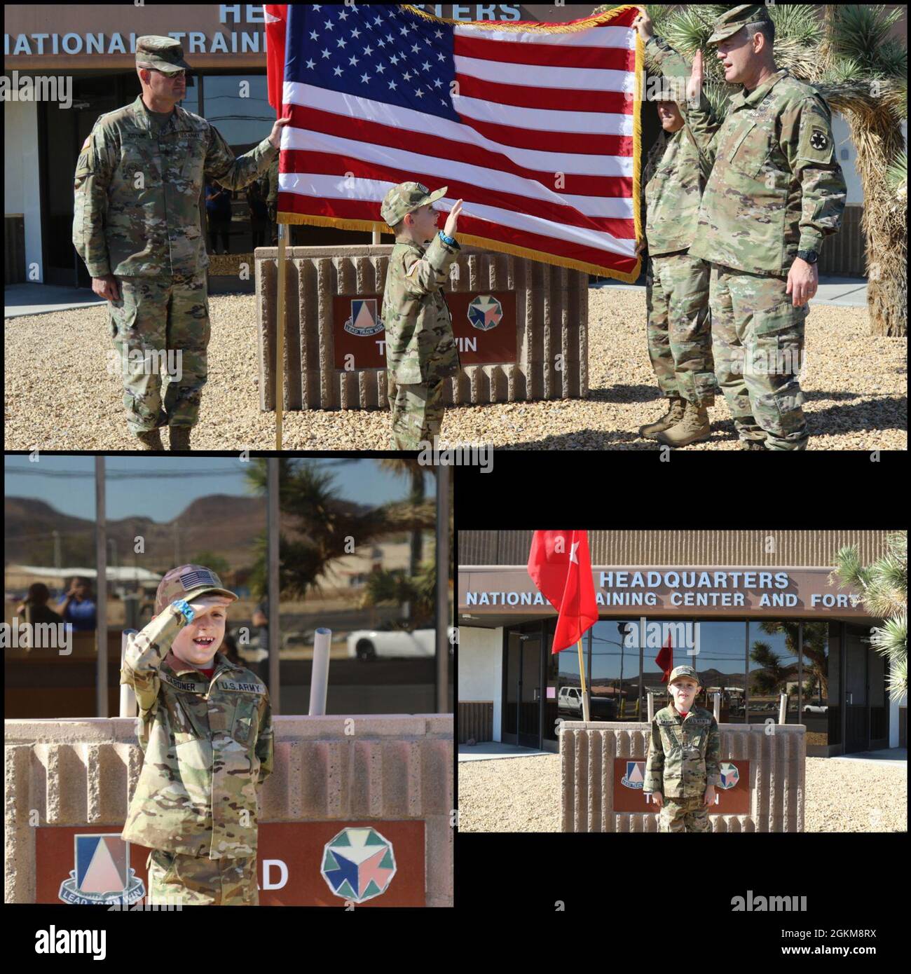 Carson Gardner, âgé de huit ans, a rencontré le commandant général du Centre national d'entraînement et fort Irwin, Brig. Le général Curtis Taylor et a été promu '2e lieutenant.' Carson a reçu un uniforme officiel de l'armée et une étiquette de nom et a continué à être promu tout au long de la journée à chacun de ses arrêts, culminant avec le rang final de « colonel ». Banque D'Images