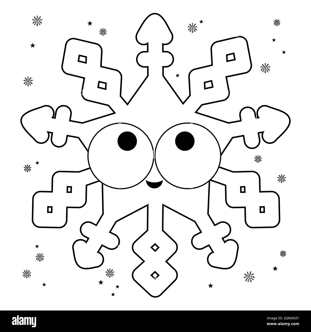 Personnage de flocon de neige de dessin animé. Page de couleur noir et blanc. Banque D'Images