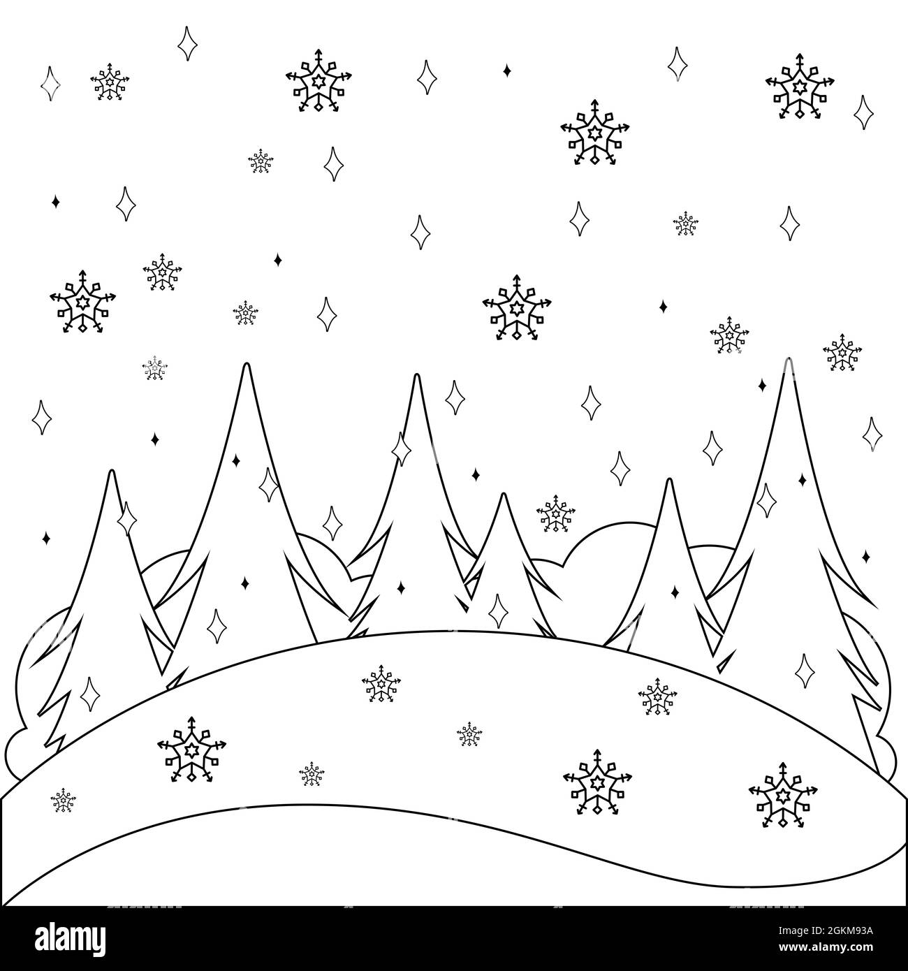 Paysage d'hiver avec neige. Page de couleur noir et blanc Banque D'Images