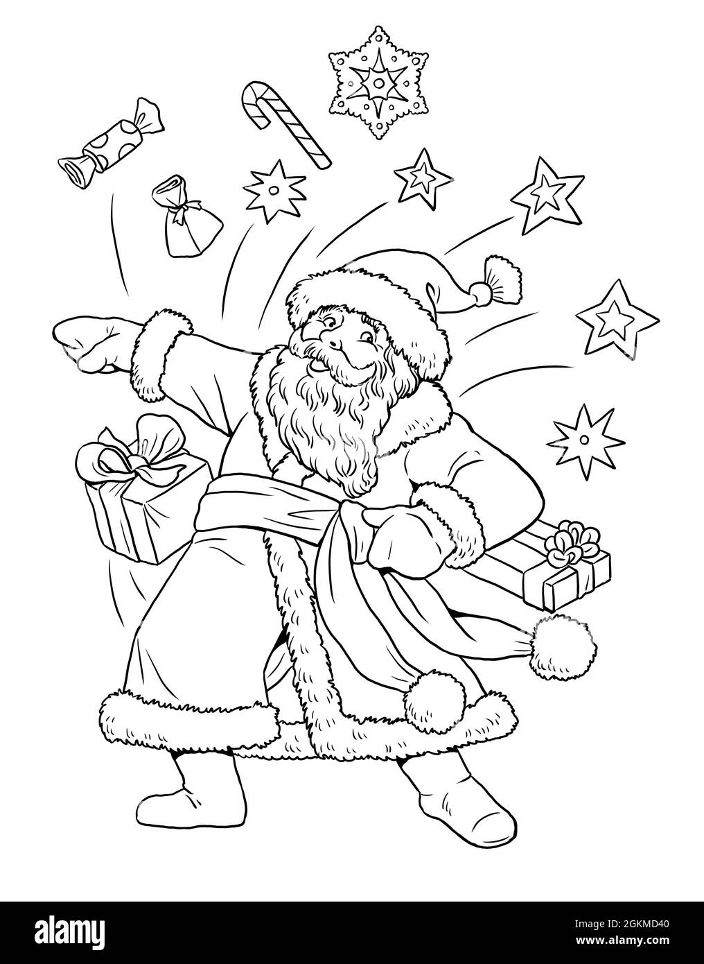 Drôle de danse du Père Noël. Carte de bonne année. Modèle de Noël à colorier. Banque D'Images