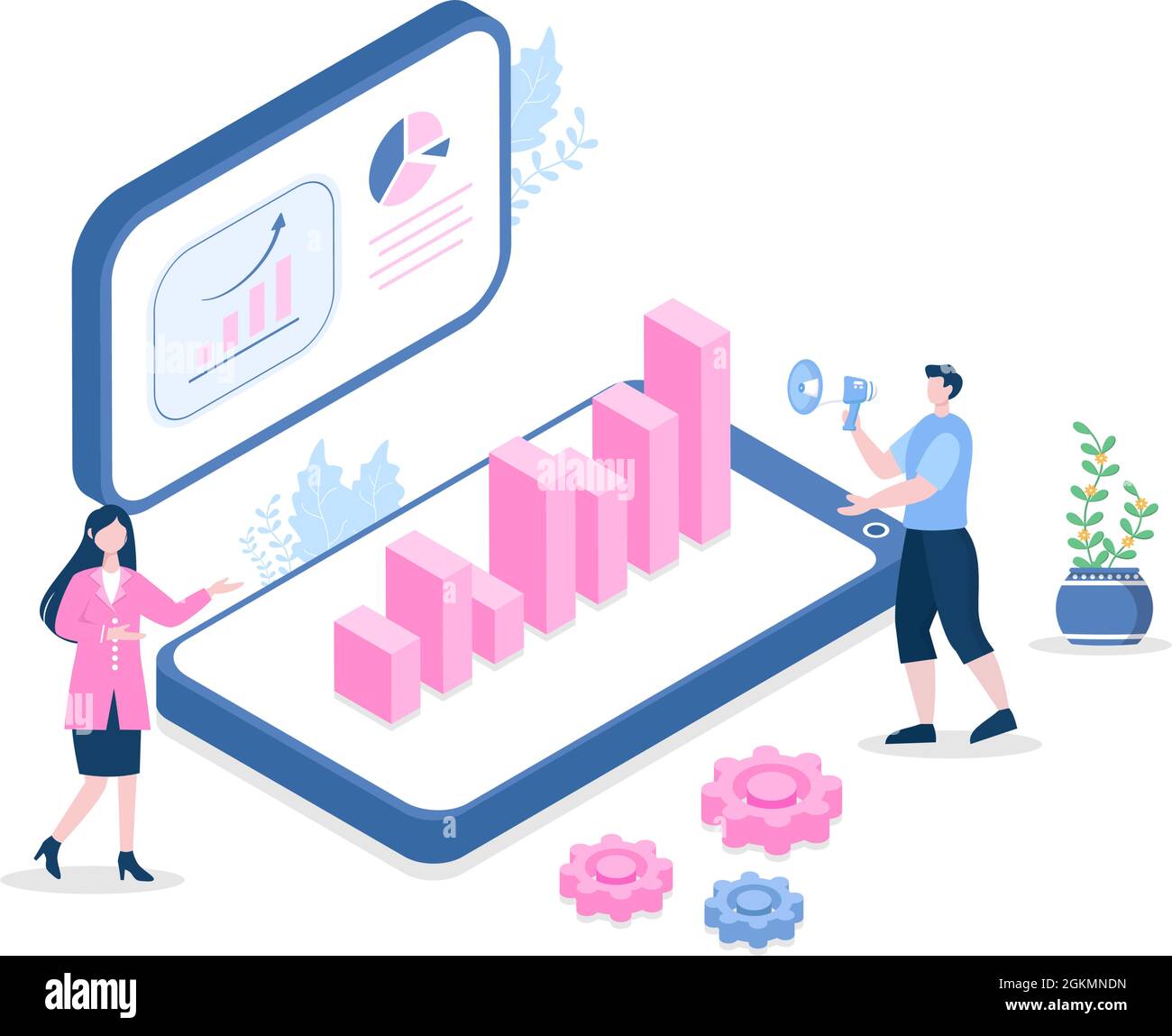 Équipe des ventes avec le développement de la croissance financière des affaires par les gens qui travaillent et brainstorming. Illustration du vecteur d'analyse des informations de l'entreprise Illustration de Vecteur