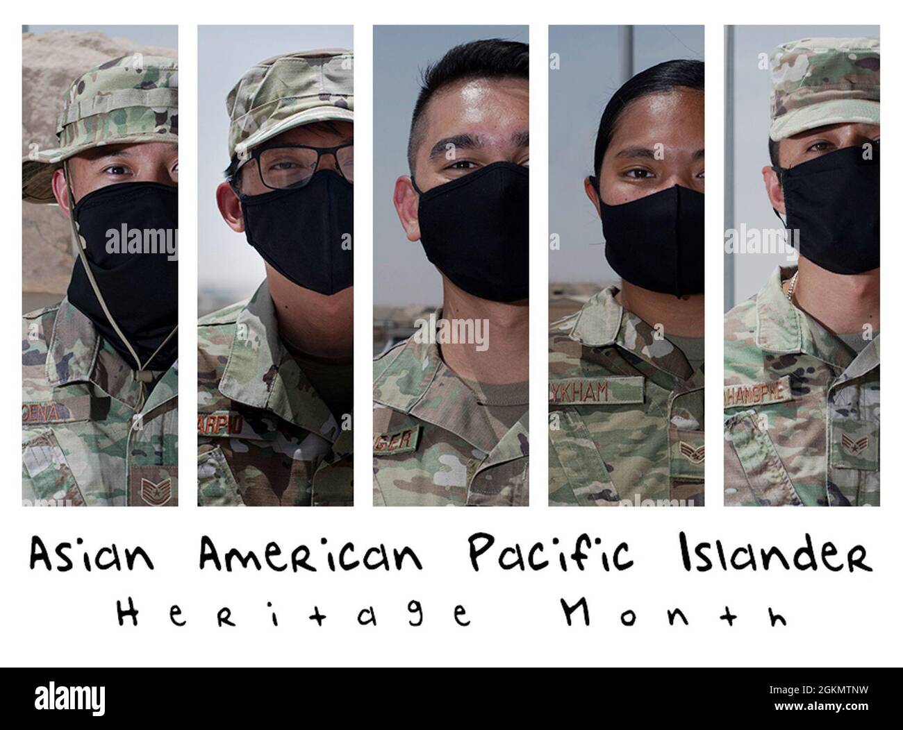 Une complication de cinq photos d'aviateurs avec des origines asiatiques/insulaires du Pacifique sur la base aérienne Ali Al Salem, au Koweït, réunis pour le 2021 mai, pour célébrer et reconnaître le mois du patrimoine asiatique américain des îles du Pacifique. Banque D'Images