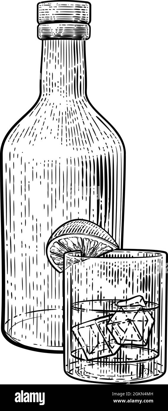 Verre à cocktail et bouteille style vintage Illustration de Vecteur