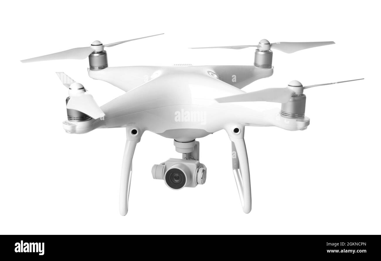Quadcopter moderne sur fond blanc Banque D'Images