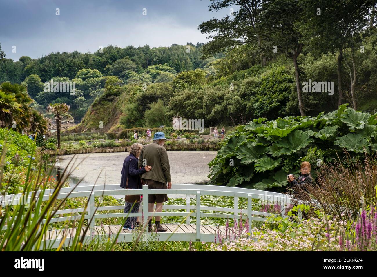 Les visiteurs se trouvant sur la passerelle ornementale au-dessus de l'étang Mallard, dans les jardins subtropicaux luxuriants de Trebah Gardens, dans les Cornouailles. Banque D'Images