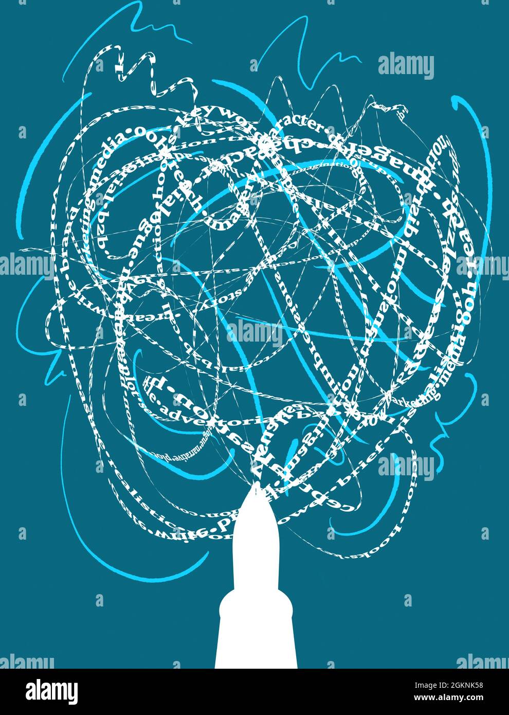 Un concept de silhouette blanc d'une plume émettant des mots et des termes dans un flux continu - rendu 3D Banque D'Images Un concept de silhouette blanc d'une plume émettant des mots et des termes dans un flux continu - rendu 3D Banque D'Images