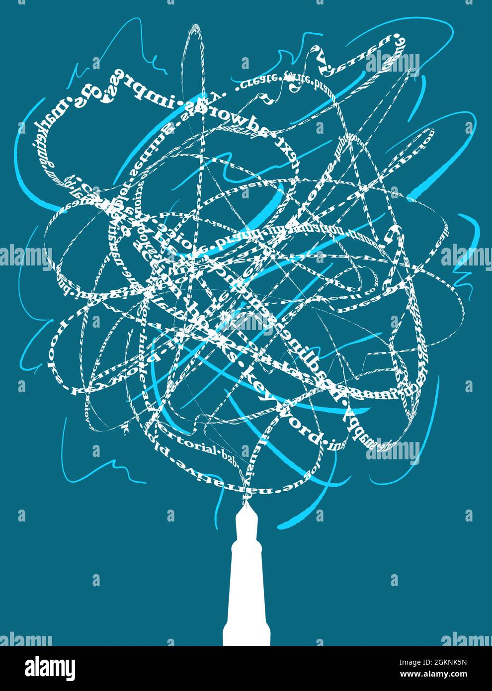 Un concept de silhouette blanc d'une plume émettant des mots et des termes dans un flux continu - rendu 3D Banque D'Images Un concept de silhouette blanc d'une plume émettant des mots et des termes dans un flux continu - rendu 3D Banque D'Images