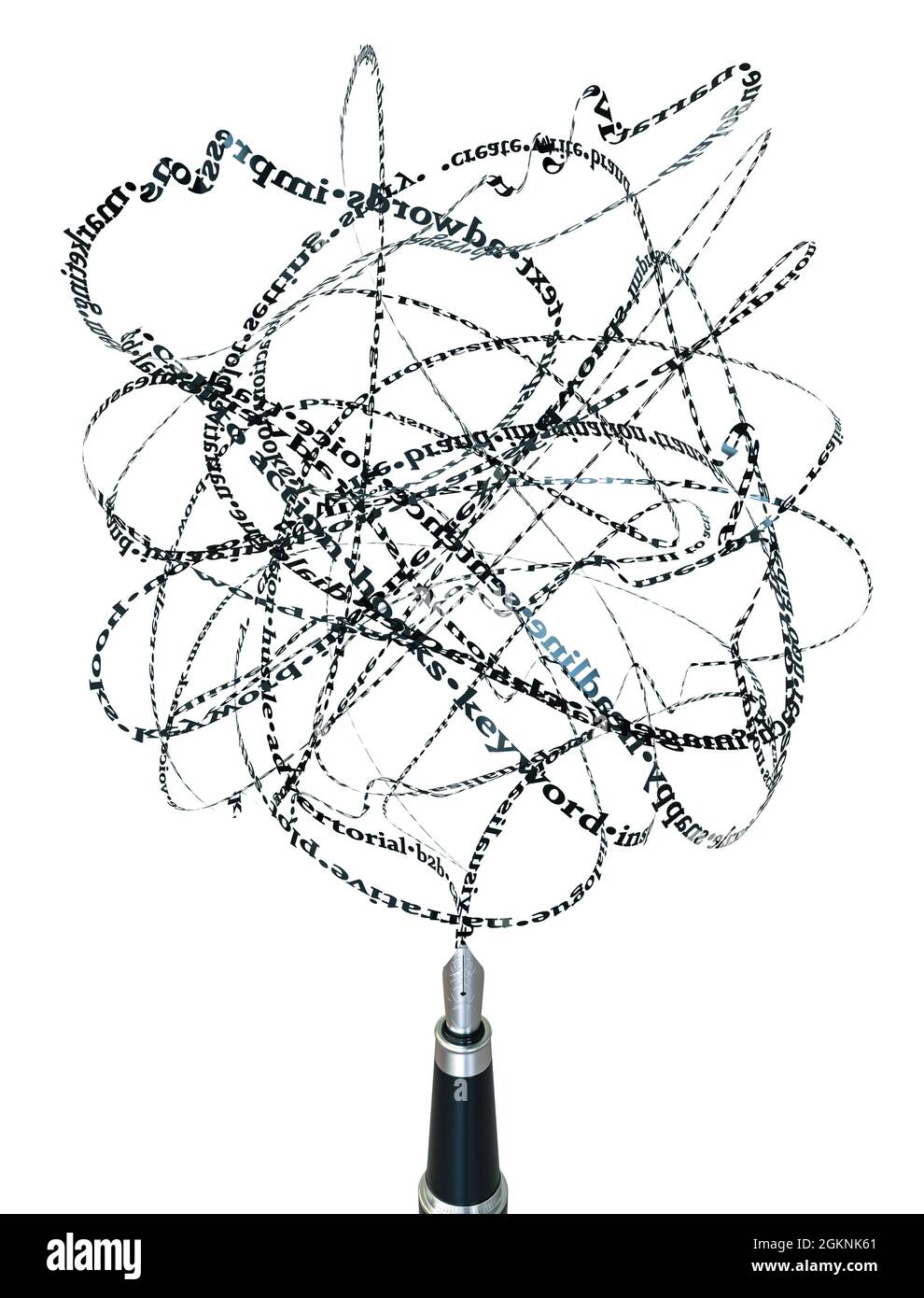 Concept d'un stylo plume émettant des mots et des termes dans un flux continu sur un fond blanc - rendu 3D Banque D'Images Concept d'un stylo plume émettant des mots et des termes dans un flux continu sur un fond blanc - rendu 3D Banque D'Images