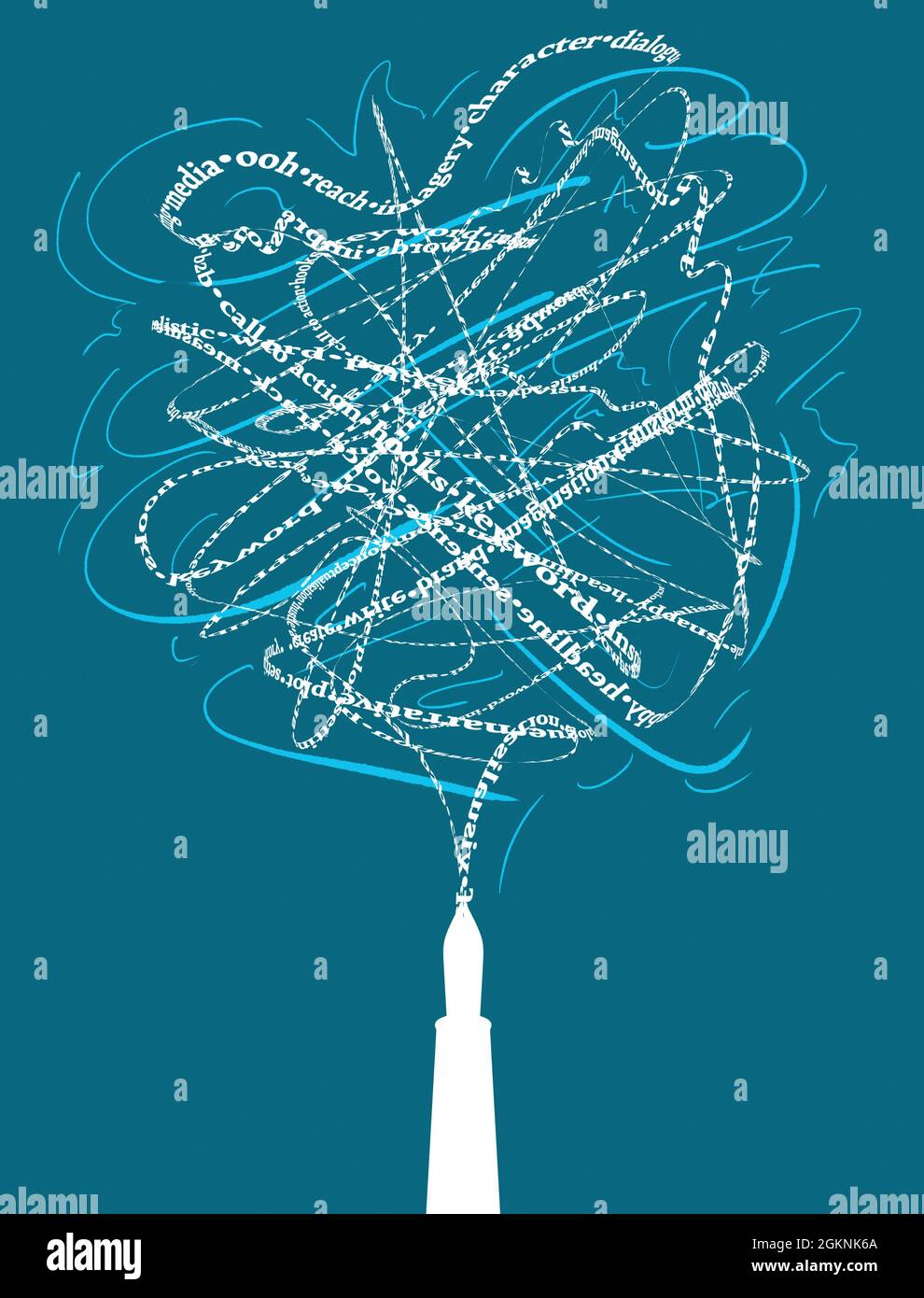 Un concept de silhouette blanc d'une plume émettant des mots et des termes dans un flux continu - rendu 3D Banque D'Images Un concept de silhouette blanc d'une plume émettant des mots et des termes dans un flux continu - rendu 3D Banque D'Images