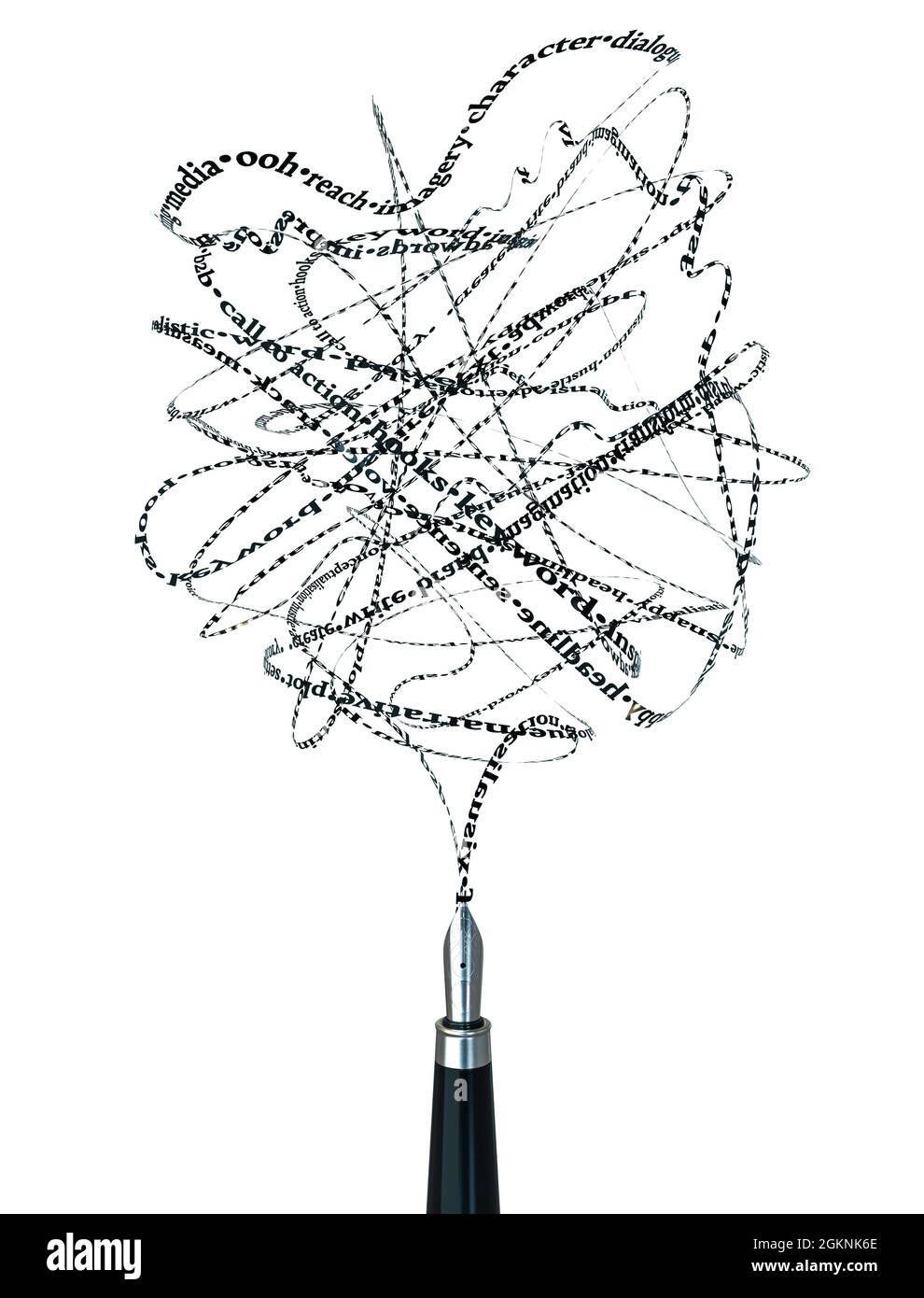 Concept d'un stylo plume émettant des mots et des termes dans un flux continu sur un fond blanc - rendu 3D Banque D'Images Concept d'un stylo plume émettant des mots et des termes dans un flux continu sur un fond blanc - rendu 3D Banque D'Images