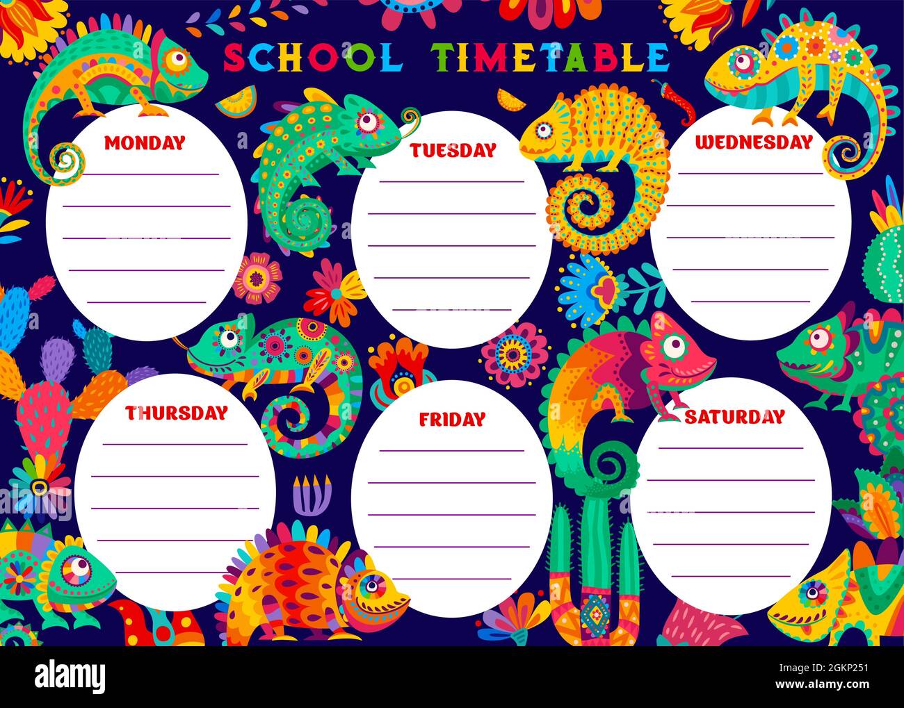 Calendrier de l'ducation avec des lzards chameleon mexicains, des cactus  et des ornements floraux. Modle de vecteur scolaire pour la planification  des classes avec des succs de dessins anims et des reptiles.