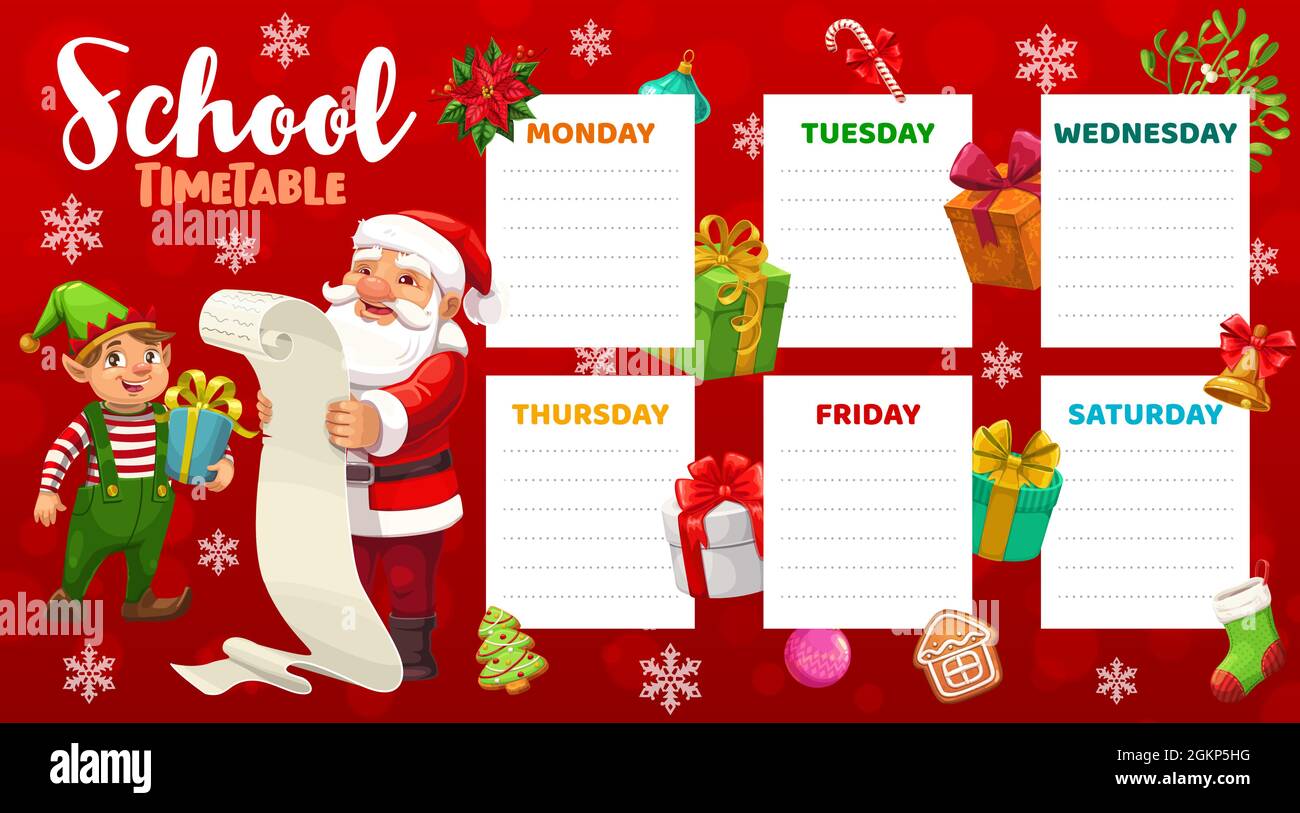 Modèle de vecteur de calendrier d'école d'éducation avec le Père Noël et l'elf lecture lettre de défilement et des articles de Noël autour. Table horaire pour les enfants de Noël, horaire des leçons, planning hebdomadaire, dessin animé Illustration de Vecteur