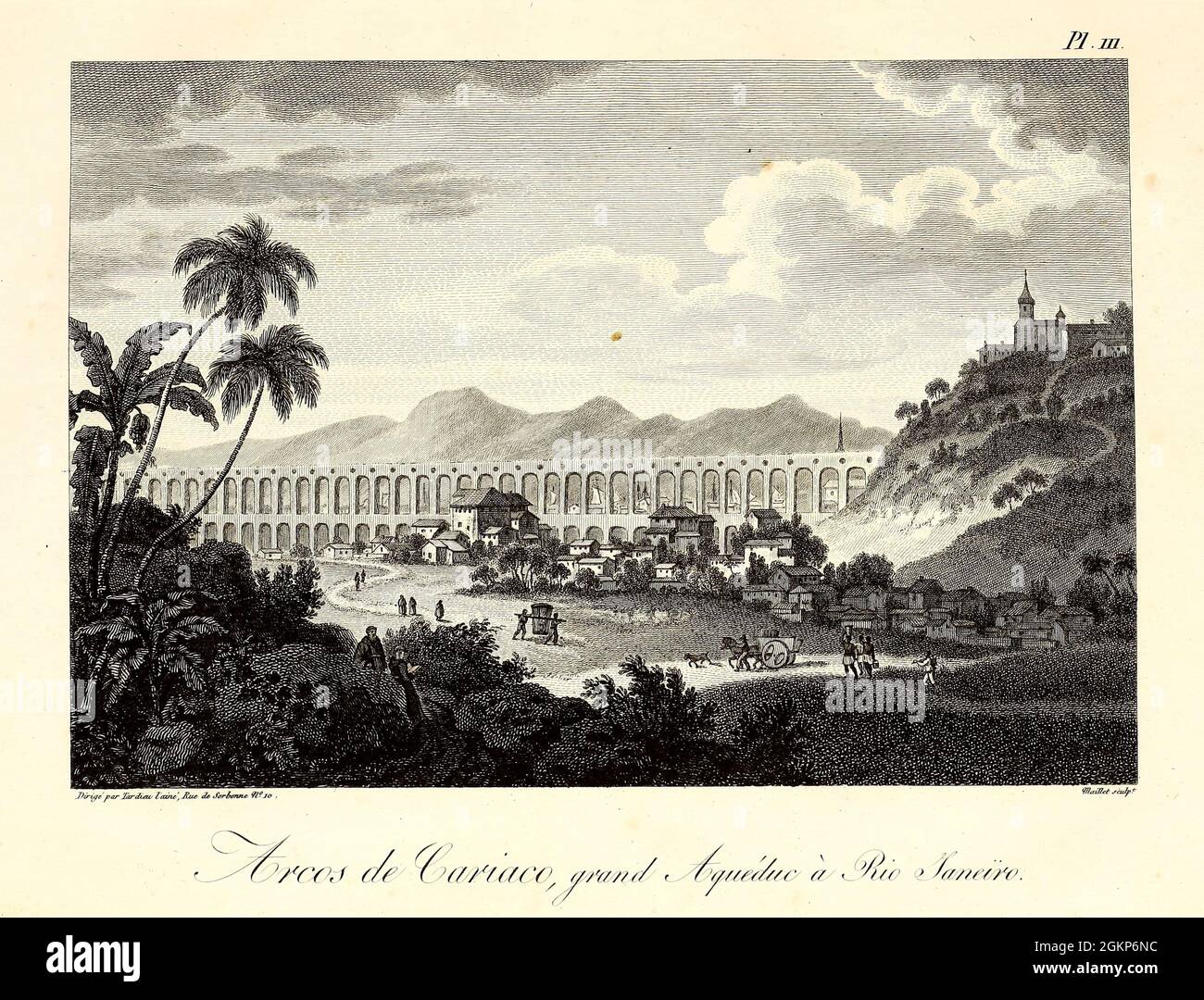 Arcos de Tariaco ; Grand aqueduc de Rio-Janiro. Rio de Janeiro, Brésil du livre Voyage à la Cochinchine par les les les de Madère, de Ténériffe et du Cap Verd, le Brésil et l'ile de Java, : contentant des renseignements nouveaux et authentiques sur l'état naturel et civil de ces divers pays; Associé de la relation officielle d'un voyage au pays de Boushouanas, dans l'intérieur de l'Afrique australe; par Sir John Barrow, publié à Paris en 1807 Banque D'Images