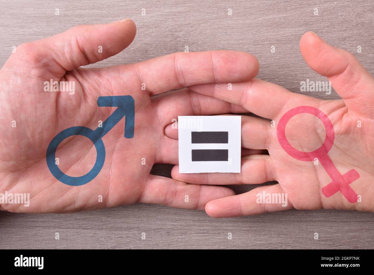 Main homme et femme entrelacées avec le symbole de l'égalité et du sexe sur une table en bois. Vue de dessus. Banque D'Images