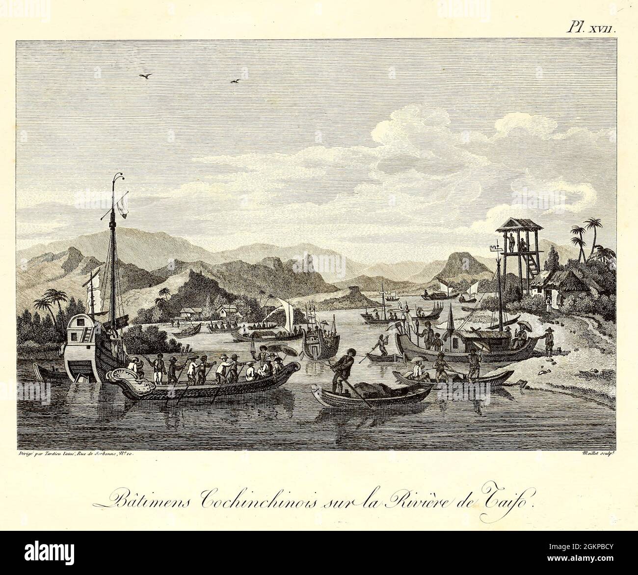 Cochinese navigation sur la rivière Fai-Foo du livre Voyage à la Cochinchine par les les les de Madère, de Ténériffe et du Cap Verd, le Brésil et l'ile de Java, : contentant des renseignemens nouveaux et authentiques sur l'état naturel et civil de plongeurs ces pays; Associé de la relation officielle d'un voyage au pays de Boushouanas, dans l'intérieur de l'Afrique australe; par Sir John Barrow, publié à Paris en 1807 Banque D'Images