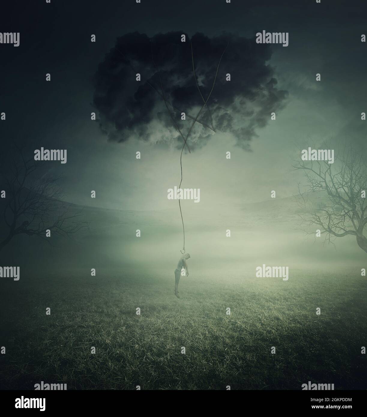 Scène conceptuelle, un homme soulevé et manipulé par un nuage sombre, symbole de pensées pessimistes et de dépression. Paysage mystique avec une personne seule Banque D'Images