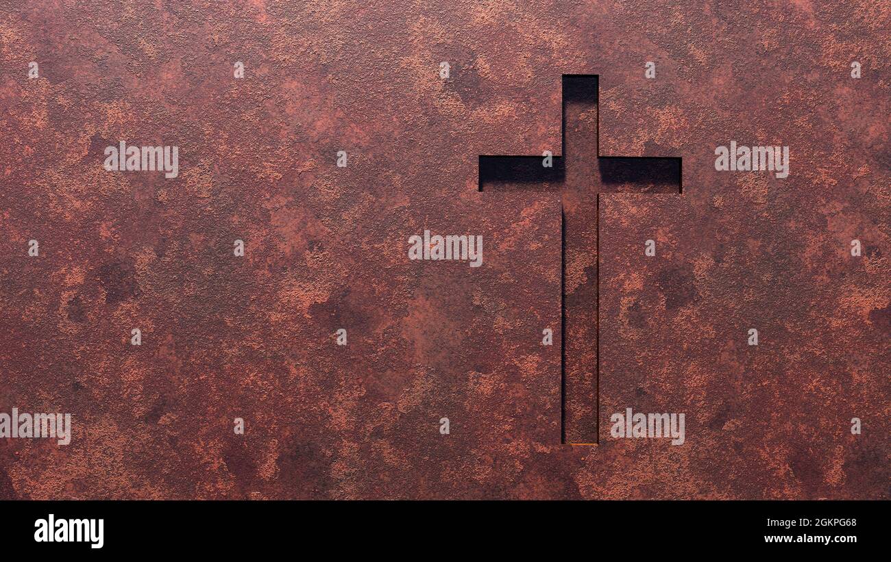 Concept ou croix conceptuelle sur un fond de tôle ou de tôle d'acier corrodé rouillé. métaphore de l'illustration 3d pour Dieu, Christ, Christianisme, religieux, f Banque D'Images