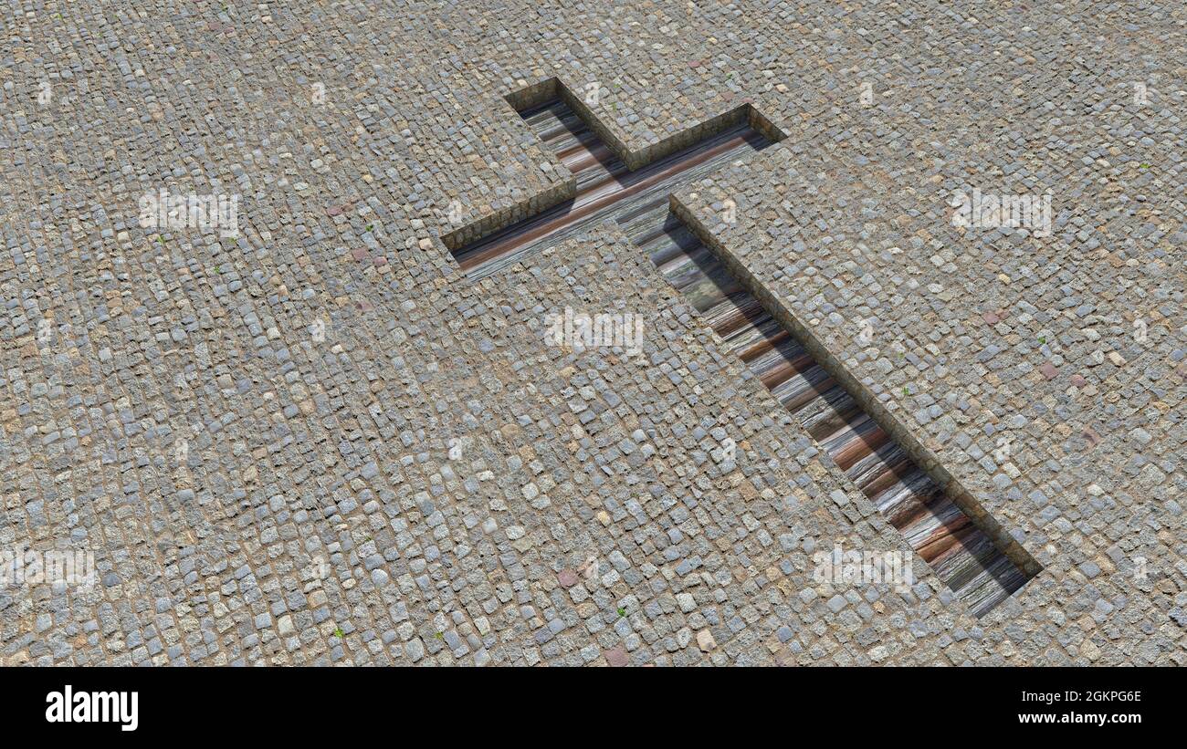 Concept ou concept de bois de la croix sur un fond de chaussée de pierre. métaphore de l'illustration 3d pour Dieu, Christ, Christianisme, religieux, foi, saint Banque D'Images