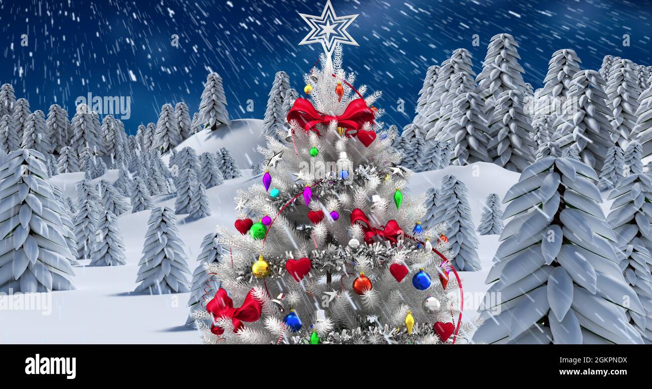 Image De Paysage D Hiver Avec Chute De Neige Et Arbre De Noel Decore Sur Fond Bleu Photo Stock Alamy Image De Paysage D Hiver Avec Chute De Neige Et Arbre De Noel Decore Sur Fond Bleu Photo Stock Alamy
