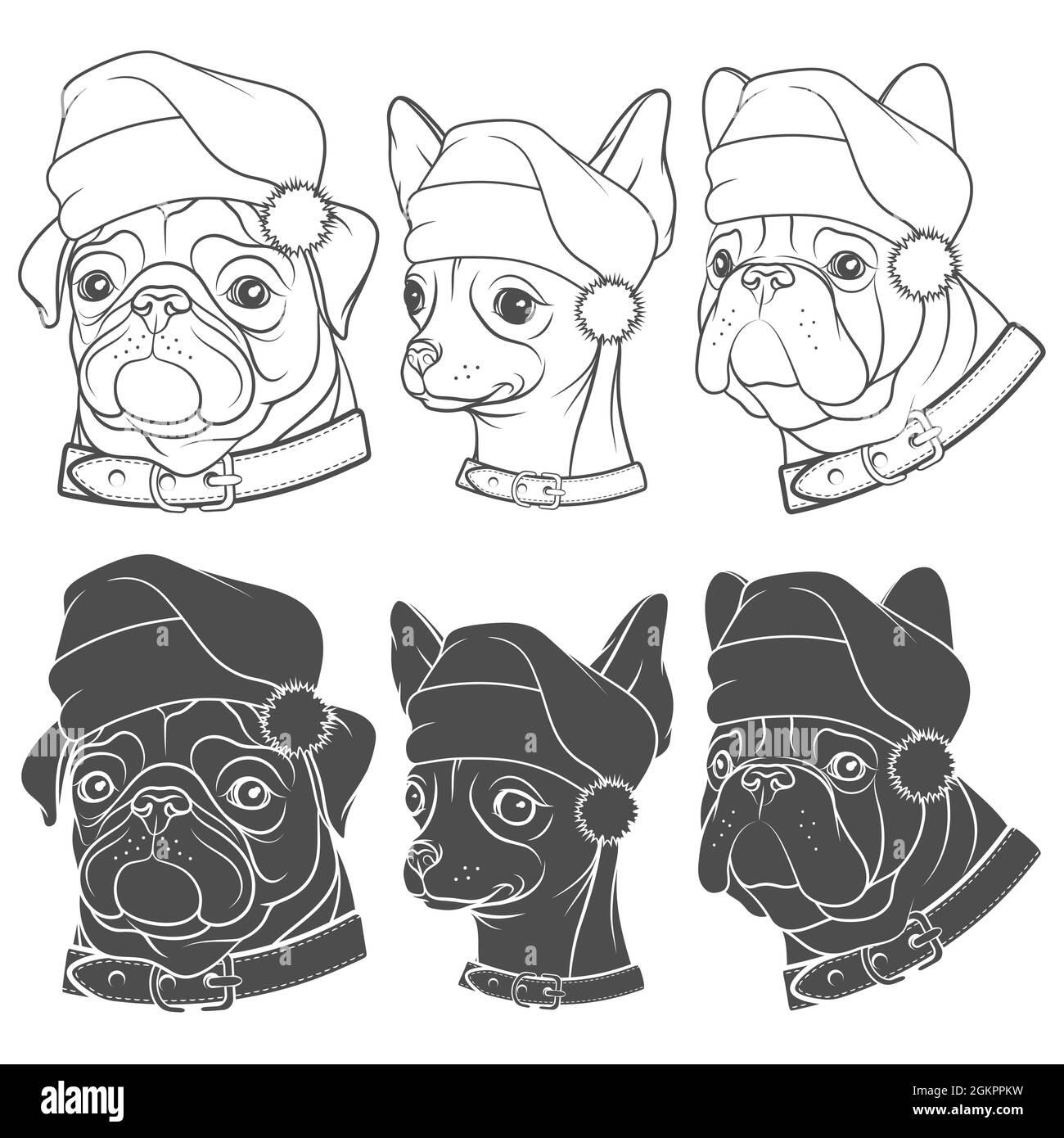 Ensemble d'illustrations en noir et blanc de chiens mignons dans des chapeaux de Noël. Objets vectoriels isolés sur fond blanc. Illustration de Vecteur