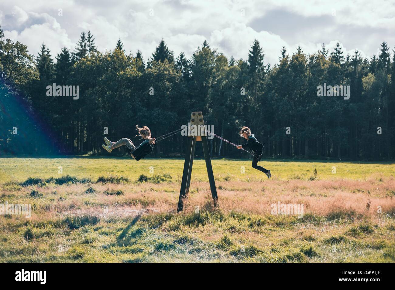 Enfants balançant dans la forêt Banque D'Images