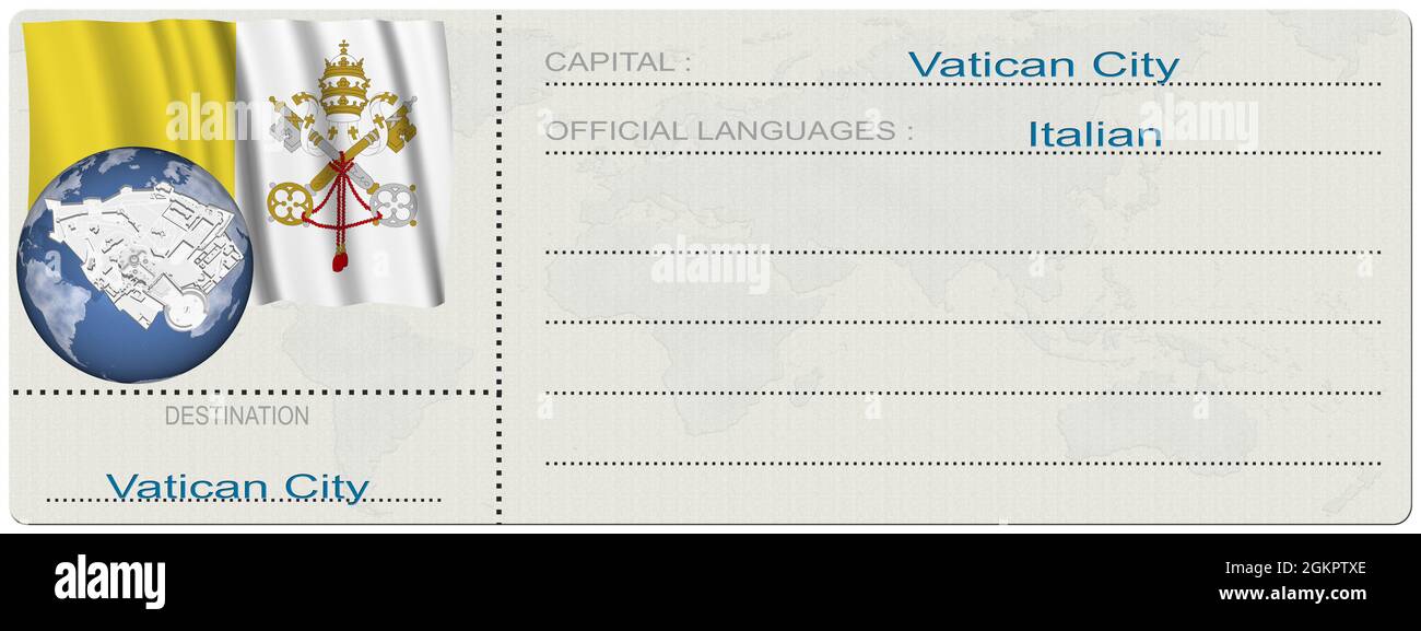 Illustration 3D. Cité du Vatican. Destination. Billet. Carte d'embarquement. Isolé sur fond blanc. Banque D'Images