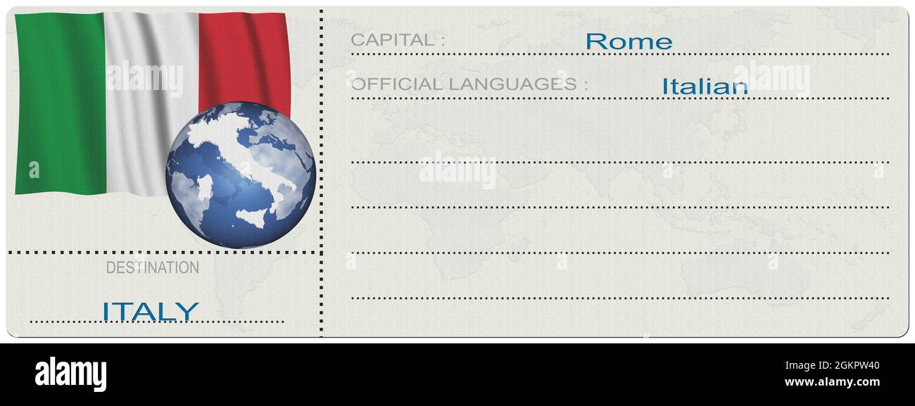Illustration 3D. Italie. Destination. Billet. Carte d'embarquement. Isolé sur fond blanc. Banque D'Images